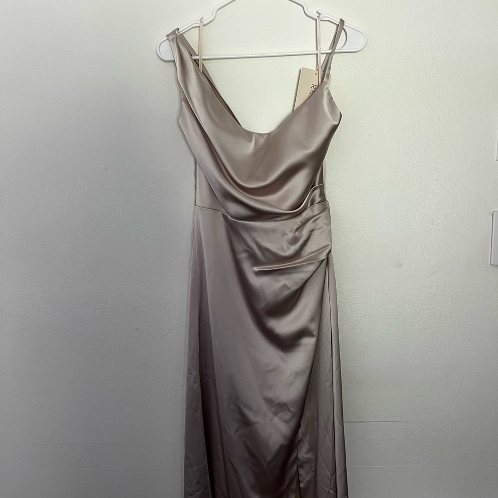 Revelry Silver Cowl Neck Ruched Maxi Dress
